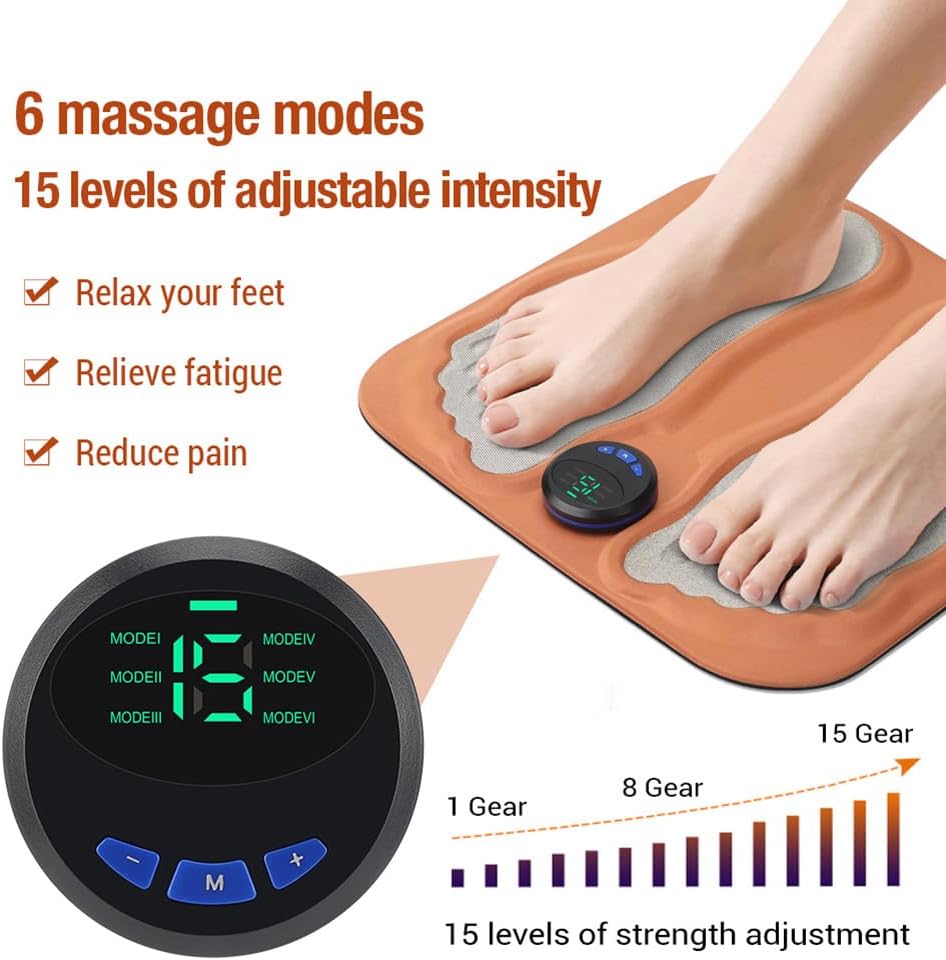 EMS Foot Massager, 3D Foldable Foot Massager Pad for Pain Plantar Relief, Muscle Relaxation, LCD Display with 6 Modes 15 Intensities