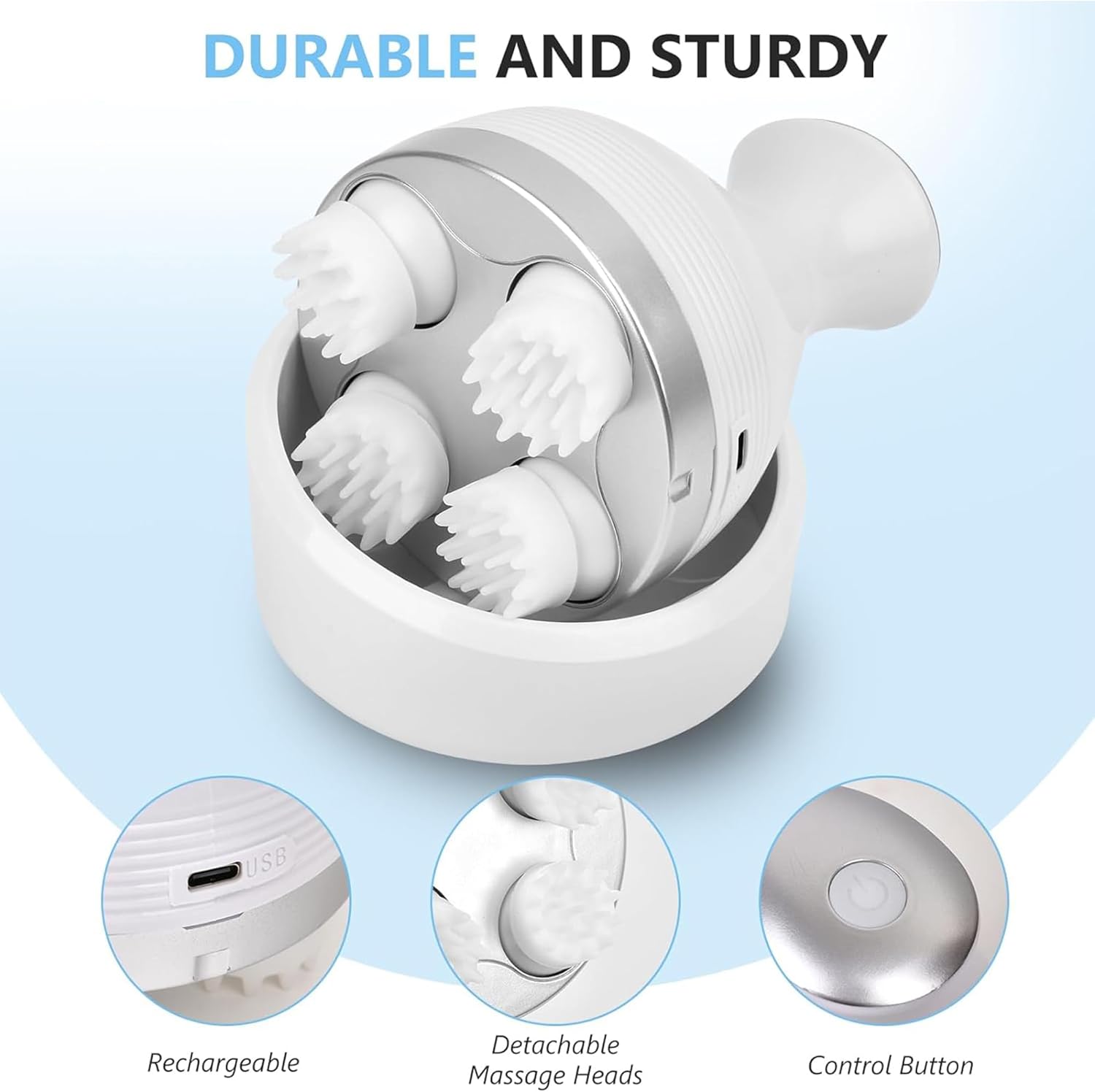 Bonzella Handheld Electric Head & Scalp Kneading Massager with 4 Replacement Silicone Head for Hair Growth, Portable Head Massager for Hair Fall Control, Stress Relieving, and Headache Relief