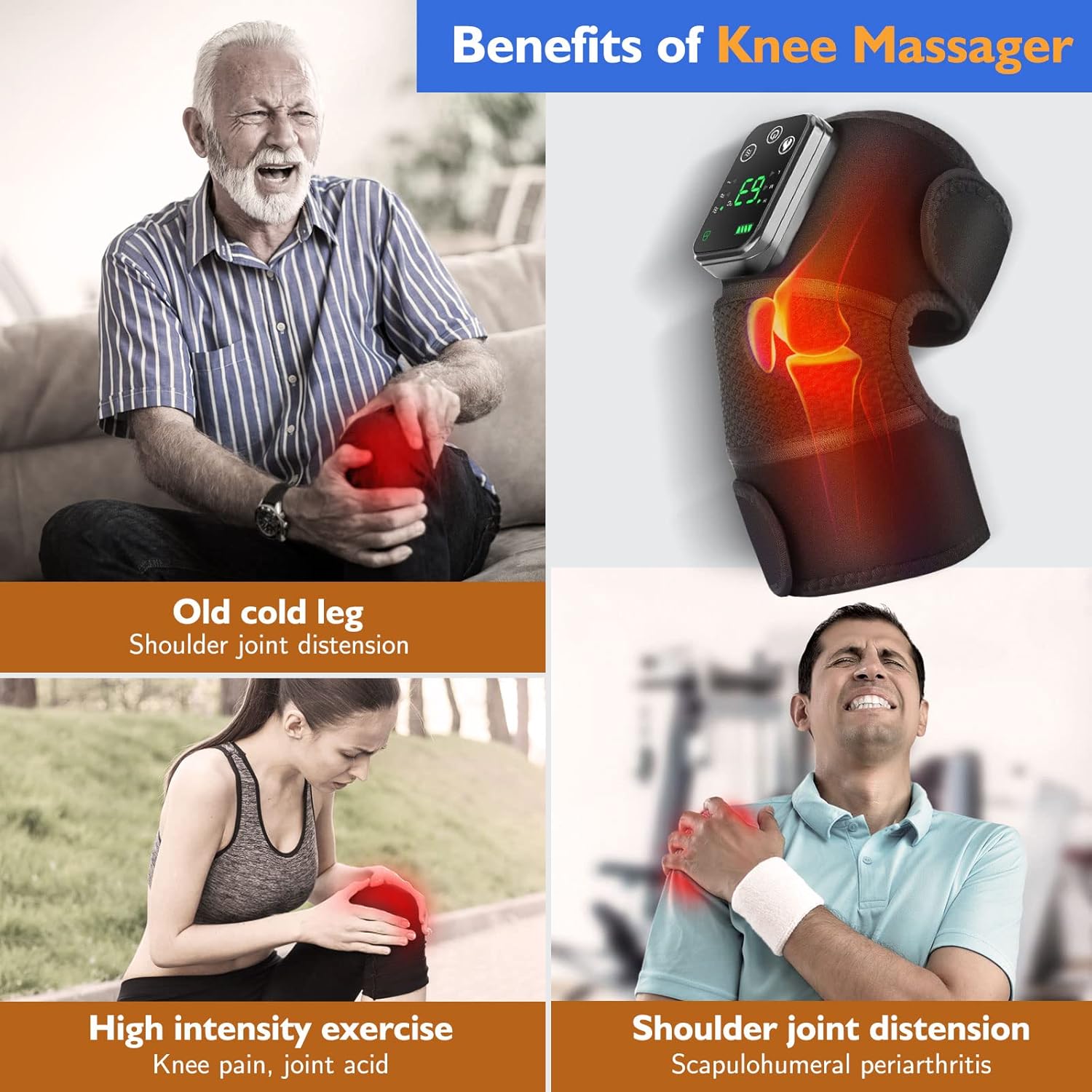 MOAJAZA Knee Brace Heated Knee Massager Heated Knee Brace Vibration Knee Heating Pad 3 Adjustable Intensity and Temperature Knee Brace for Knee/Elbow/Shoulder Relaxation